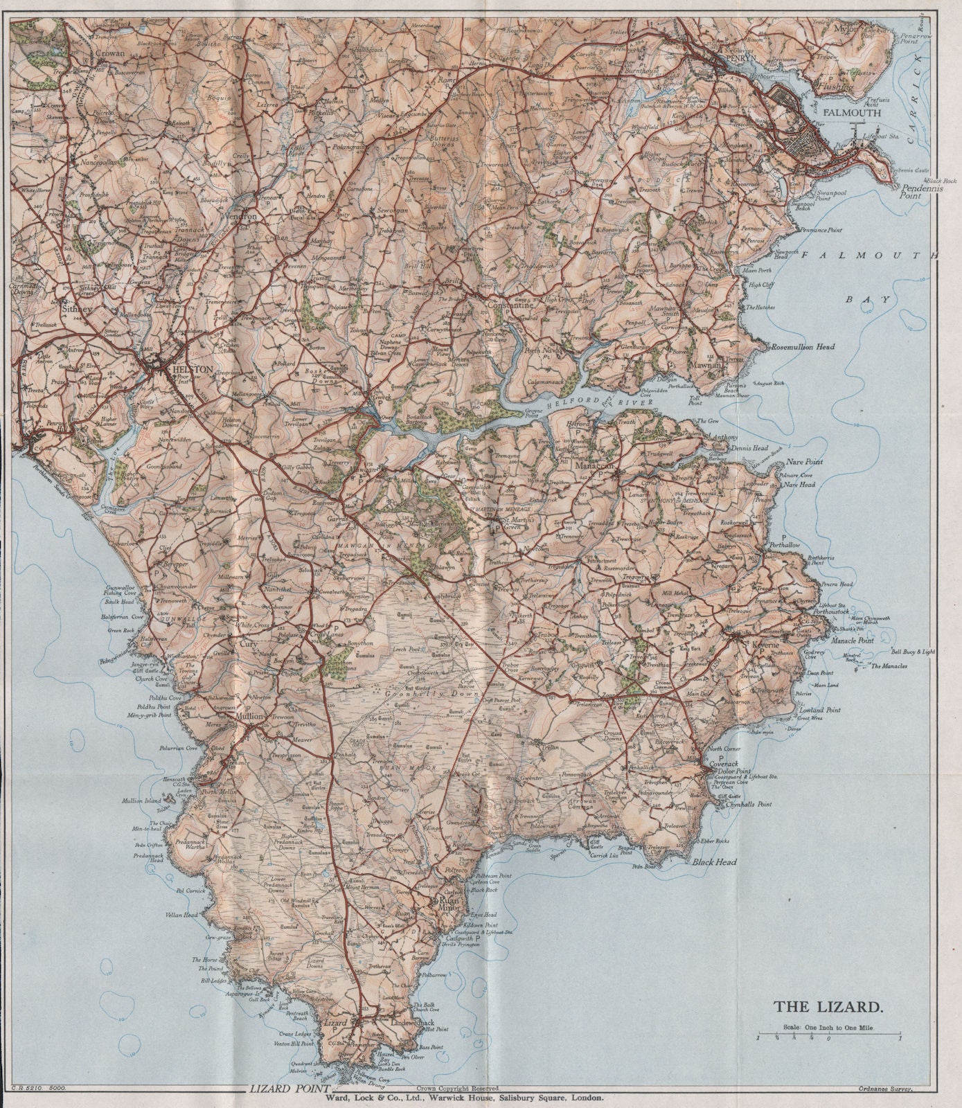 THE LIZARD topo map. Helston Falmouth Helford River Cornwall. WARD LOCK 1934
